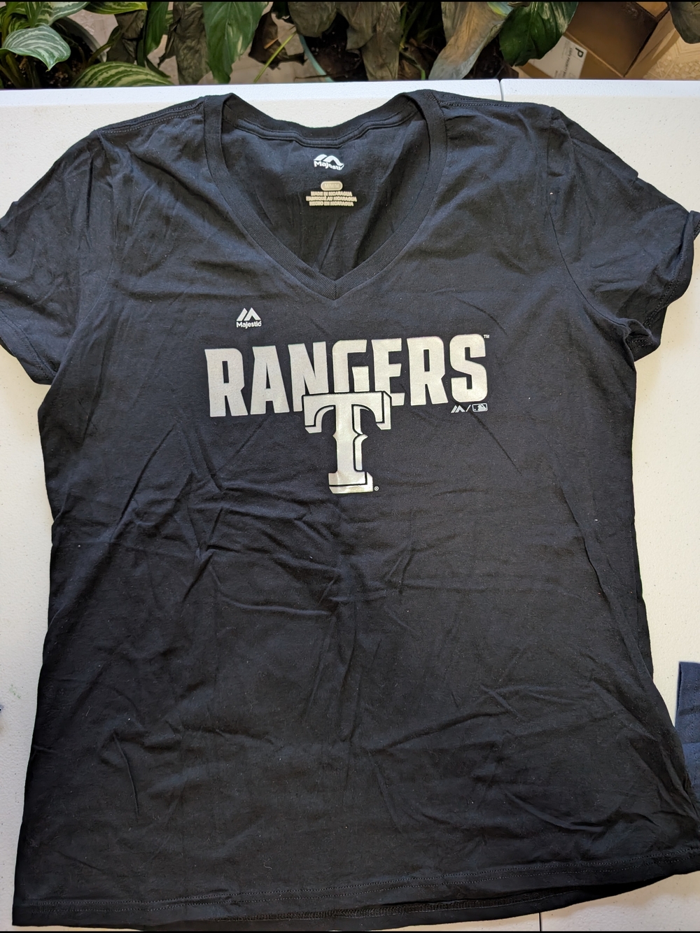 Majestic Black Rangers V-Neck Tee with White Team Logo